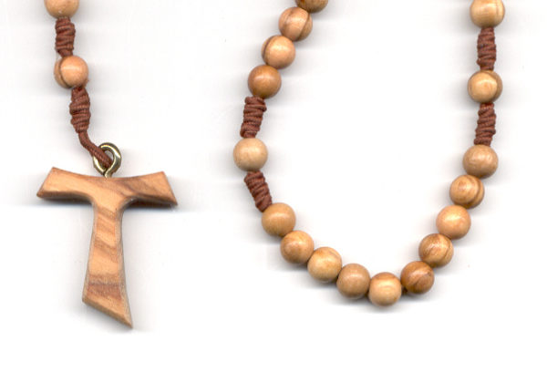 Chapelet OLIVIER sur CORDE -grain ROND- croix TAU sans Christ