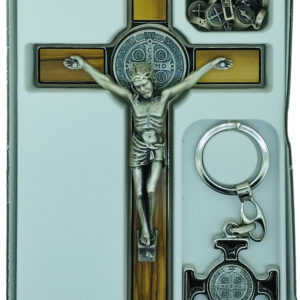 Coffret St Benoît 22,5x11,5cm croix + chapelet+PC - BOIS