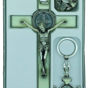 Coffret St Benoît 22,5x11,5cm croix+chapelet+PC - LUMINEUX
