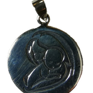 Médaille 18mm en Argent 925 Oxydé - VIERGE A L'ENFANT Relief