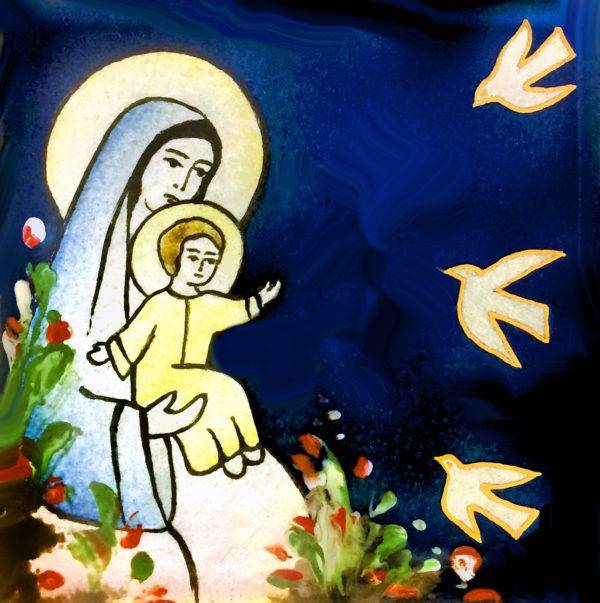Vierge aux oiseaux 8,1X8,1cm - EMAUX DU LIBAN