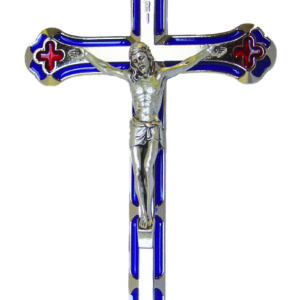 Crucifix 17cm en Métal Nickelé avec Résine Bleu et Rouge