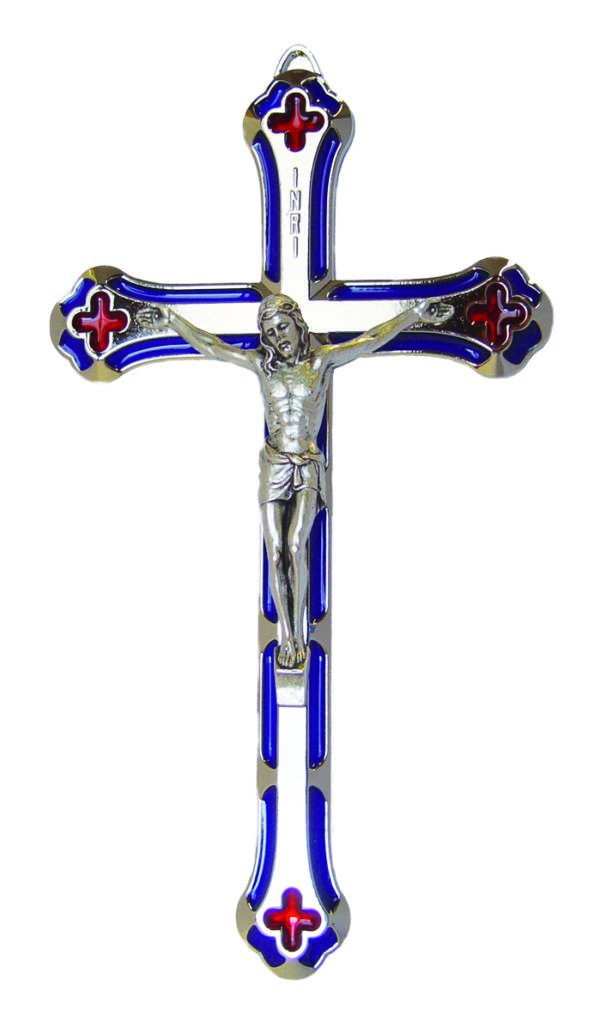 Crucifix 17cm en Métal Nickelé avec Résine Bleu et Rouge