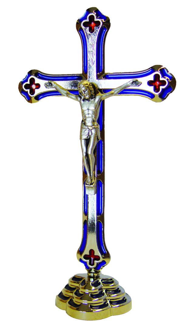 Crucifix en Métal Nickelé sur Pied 14,5cm et Résine Bleu et Rouge