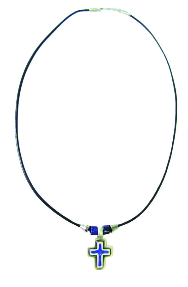Collier Cordon + Croix en Métal Bleu
