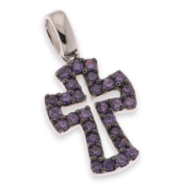 Croix pendentif en Argent 925 + Zirconiums violets- 1,5x1cm