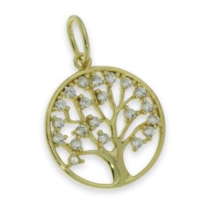 Pendentif en Argent 925 Plaqué-Or et Zirconium diam.18mm-ARBRE de VIE