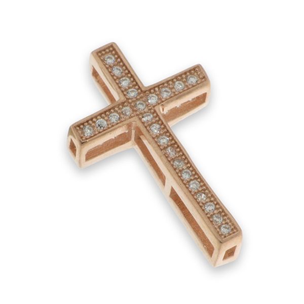 Croix pendentif en Argent 925 Plaqué-Or rose et Zirconiums- 2,3x1,3cm
