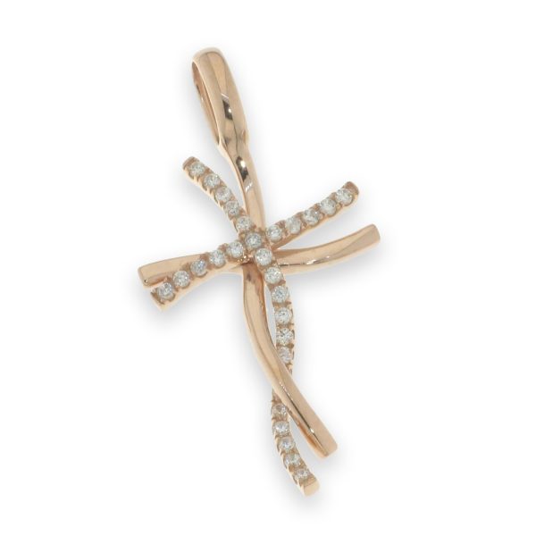 Croix torsadée en Argent 925 Plaqué-or Rose 2,2x1,8cm + Zirconiums