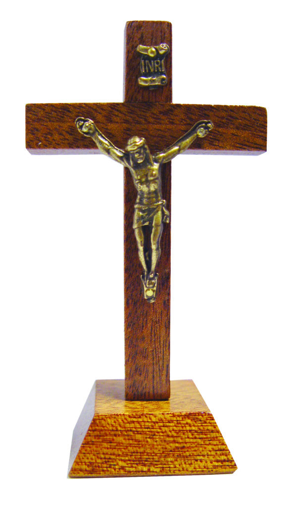 Crucifix en Bois sur Pied 11cm avec Christ en Métal Bronze