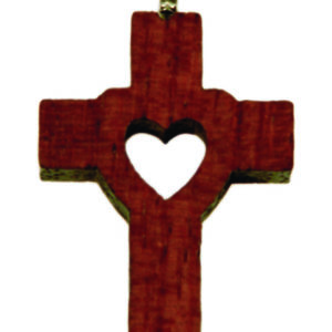 Croix en Bois d'Erable Vernis 3,2cm avec Cordon - COEUR ÉVIDÉ