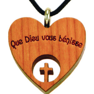 Coeur en Bois d'Erable Vernis  2,3cm avec Cordon - CROIX ÉVIDÉ