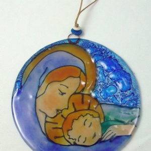 Médaillon verre diamètre 13cm- VIERGE A L'ENFANT