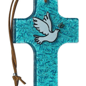 Croix en verre 8x12cm- COLOMBE bleue Fond feuilles