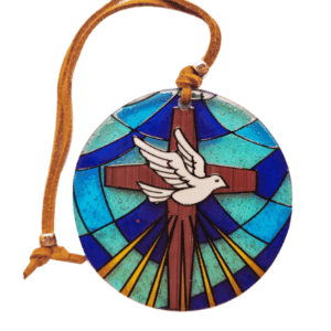Médaillon verre diamètre 7cm- COLOMBE sur CROIX-VITRAIL bleue