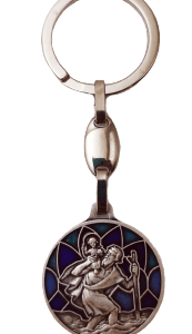 Porte-Clefs en Métal Argenté 30mm Vitrail Email - ST CHRISTOPHE
