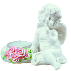 Statue en Albaster 9cm - ANGE BOUGEOIR PENSIF-fleurs roses/vertes