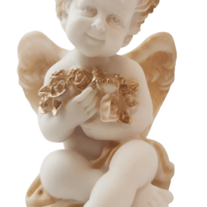 Statue en albâtre 12cm - ANGE AU BOUQUET Beige et Or