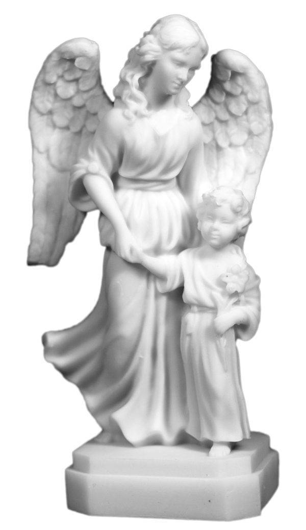 Statue en albâtre 14cm - ANGE GARDIEN/FILLE Blanc