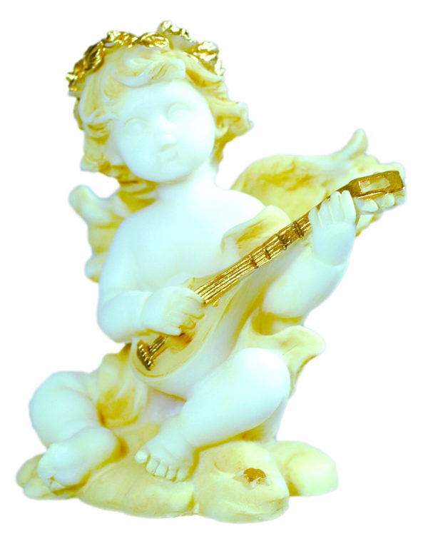 Statue en albâtre 9cm - ANGE MUSICIEN GUITARE Beige et Or