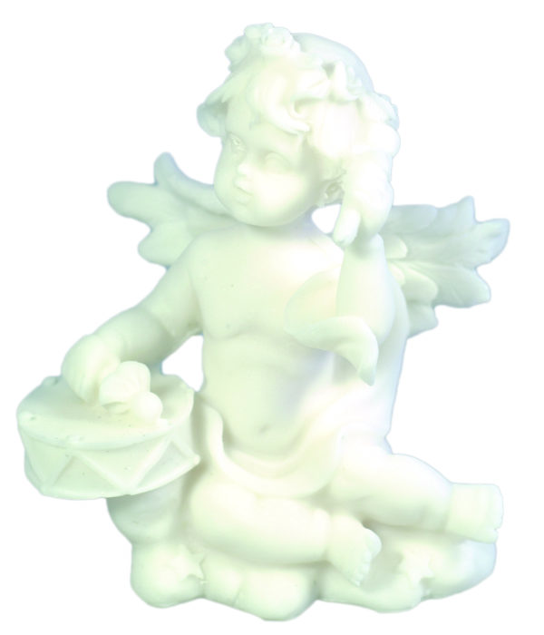 Statue en albâtre 9cm - ANGE MUSICIEN TAMBOUR Blanc