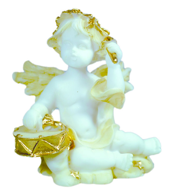 Statue en albâtre 9cm - ANGE MUSICIEN TAMBOUR Beige et Or