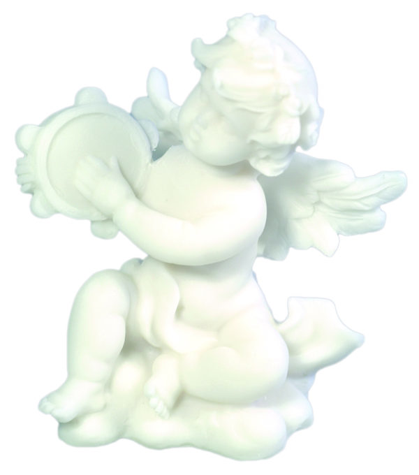 Statue en albâtre 9cm - ANGE MUSICIEN TAMBOURIN Blanc