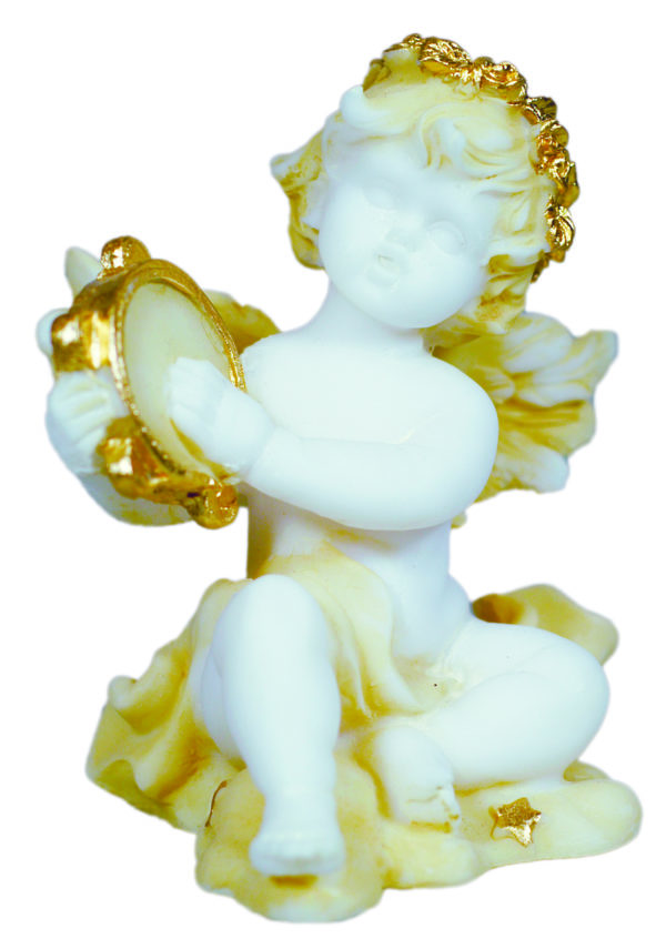 Statue en albâtre 9cm - ANGE MUSICIEN TAMBOURIN Beige et Or