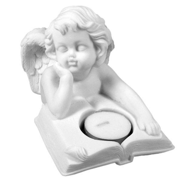 Statue en albâtre 10cm - ANGE AU LIVRE BOUGEOIR Blanc