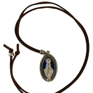 Médaille Miraculeuse 33mm fond Bleu + Cordon simili Cuir réglable