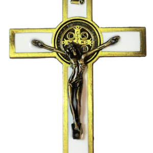 Croix Saint Benoît Dorée et Email Blanc 12,5cm