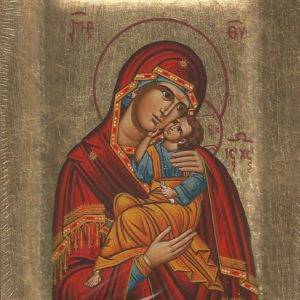 Icône PEINTE MAIN sur feuille d'or 14x18cm- TENDRESSE ROUGE