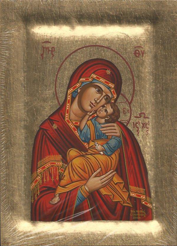 Icône PEINTE MAIN sur feuille d'or 14x18cm- TENDRESSE ROUGE
