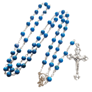 Chapelet en verre 6mm chaine argentée moucheté BLEU