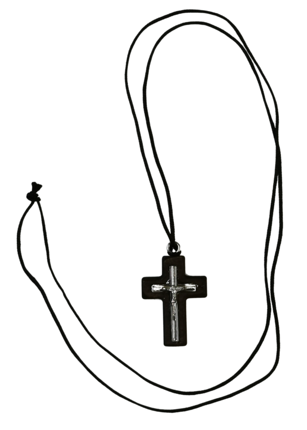 Croix en Bois Foncé 3,5cm avec Christ Métal Argenté + Lacet