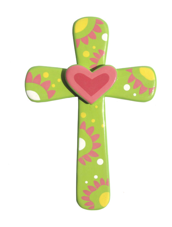 Croix Coeur Rose 15x10cm