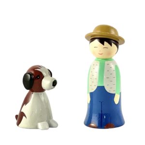 Enfant et son chien en bois tourné 10cm + boite