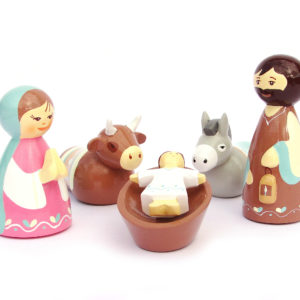 Crèche en bois tourné Marie bleue/rose 9 cm + boite