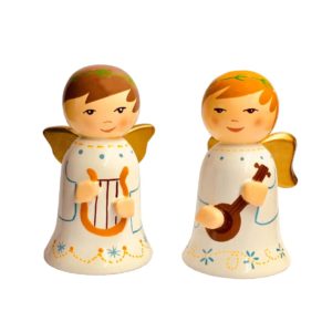 2 anges en bois tourné 9cm + boite