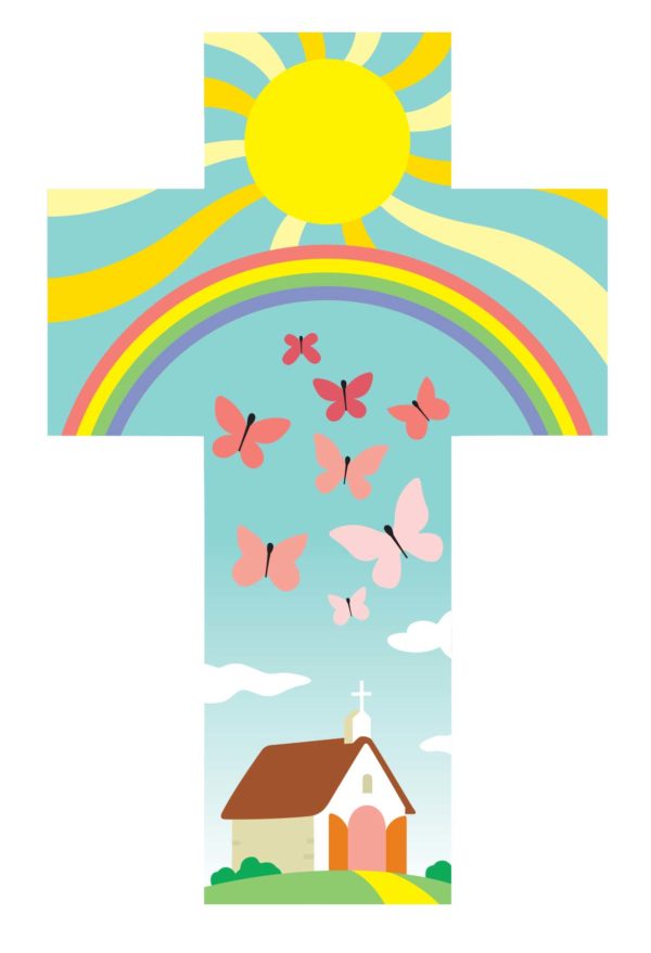 Croix Eglise Papillons Arc en ciel 14x9cm