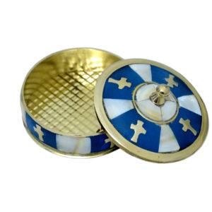 Boîte à chapelets en Nacre et Laiton - Bleu - Diamètre 7cm