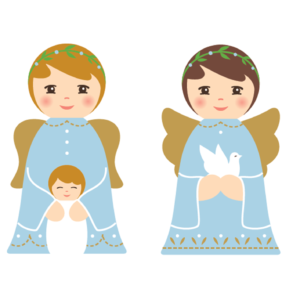 2 Anges en bois tourné Bleu 7cm  - Enfant + Colombe